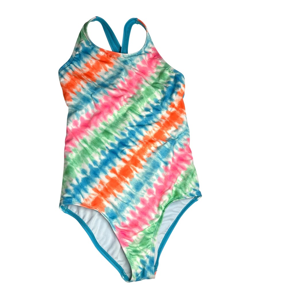Lands' End Girl's Neon Tie Dye Aqua‎ One Piece Swimsuit in Size 12